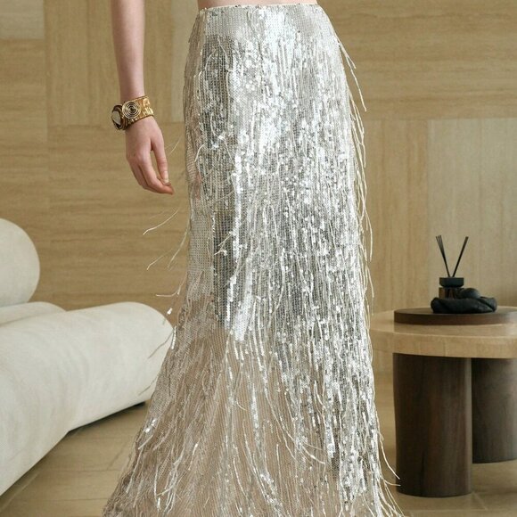 Silver Party Women's Sequin Fringe Mermaid maxi skirt - Picture 1 of 7